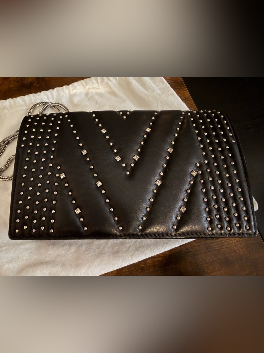 MCM Black Leather Studded with Swarovski Crystals Crossbody with Silver Chain - Picture 3 of 16